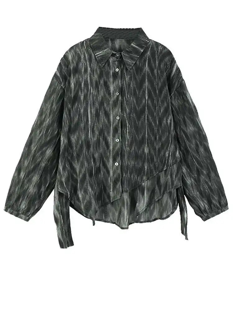 Women Coffee Tie Dye Ribbon Big Size Casual Blouse New Lapel Long Sleeve Shirt Fashion Tide Spring Autumn 2025 1DH5309