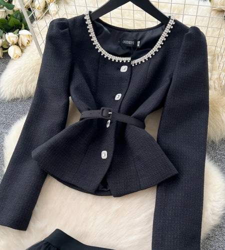 French Two Piece Set Women Black Round Neck Long Sleeve Single Breasted Top And High Waist Mesh Pleated Long Skirt Autumn Winter