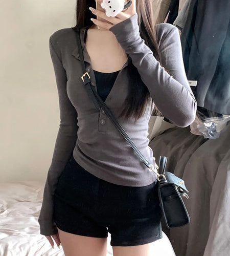 y2k Grunge Tops Women Solid Color Slim Fit V Neck Long Sleeve Button Up T Shirt 2000s Fairycore Clothing Streetwear