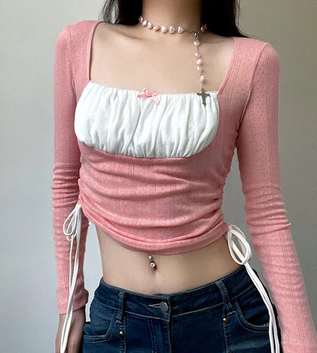 Sweet Pink Fold Patched Autumn Tee Shirts Slim Drawstring Square Neck Crop Top Women Tshirts Coquette Clothes Bow Y2K