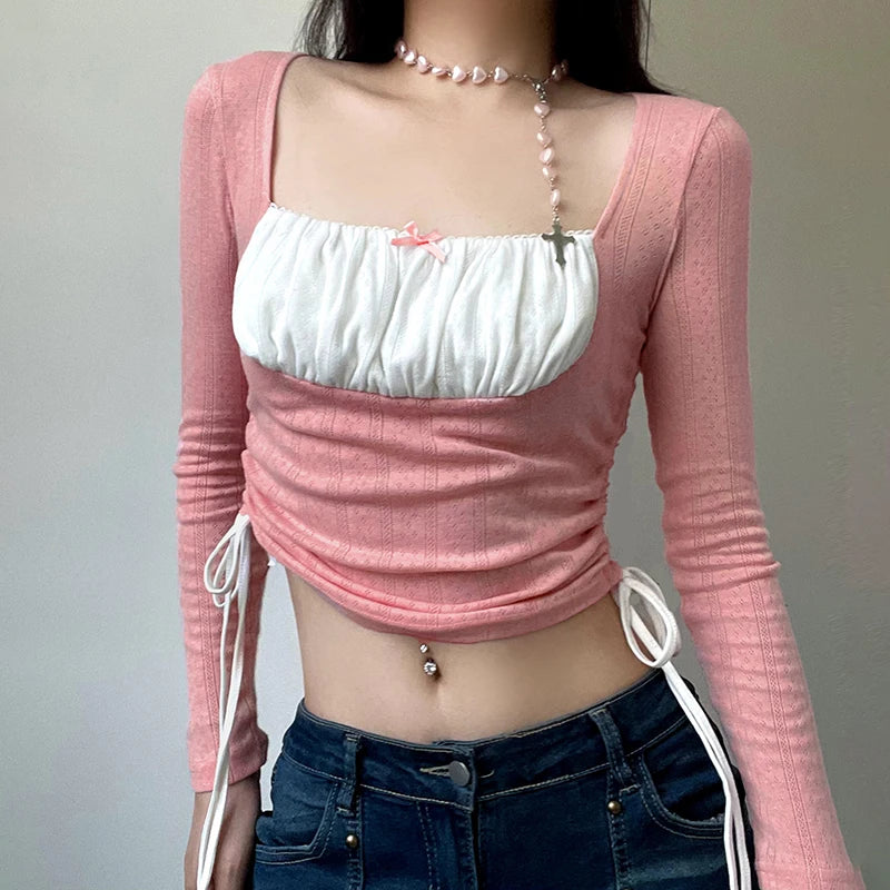 Sweet Pink Fold Patched Autumn Tee Shirts Slim Drawstring Square Neck Crop Top Women Tshirts Coquette Clothes Bow Y2K