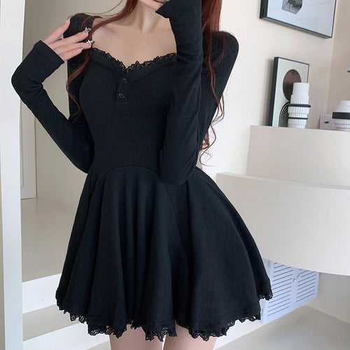 Load image into Gallery viewer, Vintage Black Lace Sexy Club Party Pleated Dress For Women 2023 Gray V Neck Long Sleeve Botton Wrapped Hip Mini Dress New Autumn
