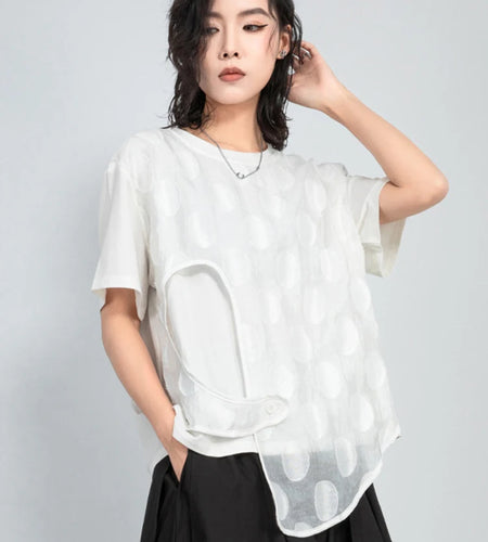 Women White Dot Printed Irregular Big Size T-shirt New Round Neck Short Sleeve Fashion Tide Spring Summer 2025 1DJ1011