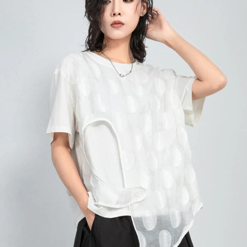 Load image into Gallery viewer, Women White Dot Printed Irregular Big Size T-shirt New Round Neck Short Sleeve Fashion Tide Spring Summer 2025 1DJ1011
