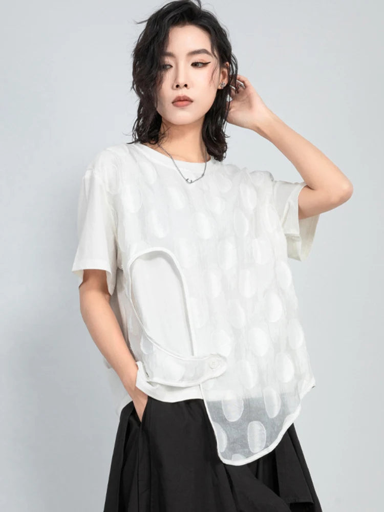 Women White Dot Printed Irregular Big Size T-shirt New Round Neck Short Sleeve Fashion Tide Spring Summer 2025 1DJ1011