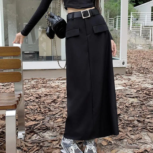 Load image into Gallery viewer, Fashion Black Belt Suit Long Skirt Women Y2k Spring Autumn Brown High Waist Skirts Female 2023 New Grey Casual Skirt Streetwear
