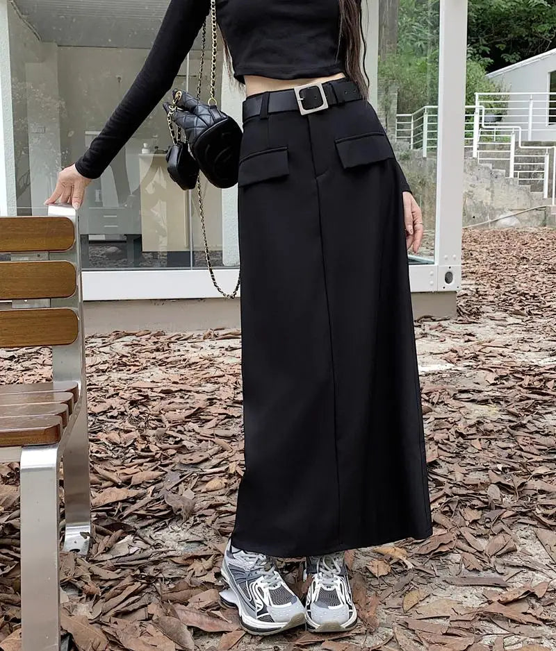Fashion Black Belt Suit Long Skirt Women Y2k Spring Autumn Brown High Waist Skirts Female 2023 New Grey Casual Skirt Streetwear