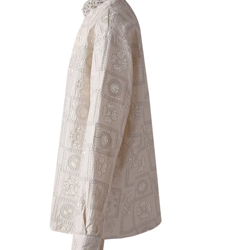 Women Embroidery Linen Pearl Nailed Big Size Blouse New Stand Collar Long Sleeve Shirt Fashion Spring Autumn 2025 CPG3121