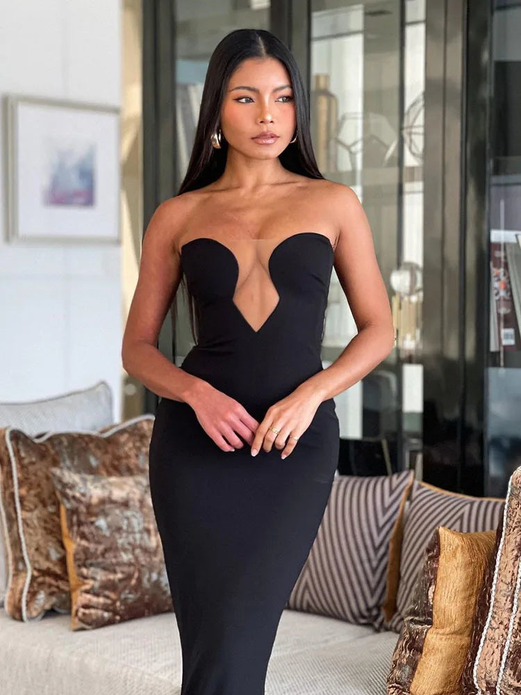 Sexy Mesh Patchwork Hollow Strapless Women's Dress Bodycon Long Dress Party Club Evening Dress Elegant Slim Fit Vestidos
