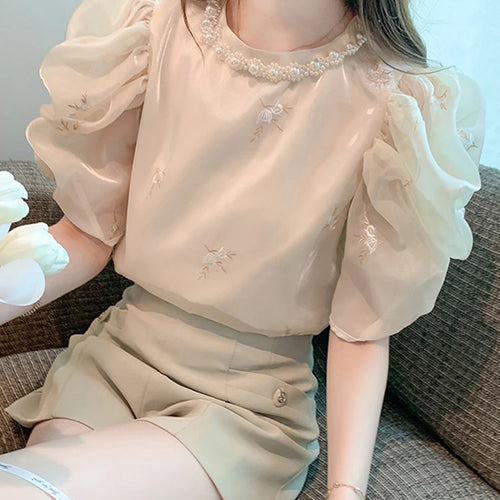 Load image into Gallery viewer, Pearl O-neck Apricot Embroidery Female Blouses Summer Puff Sleeve Elegant Women&#39;s Blouse French Style Chic Office Ladies
