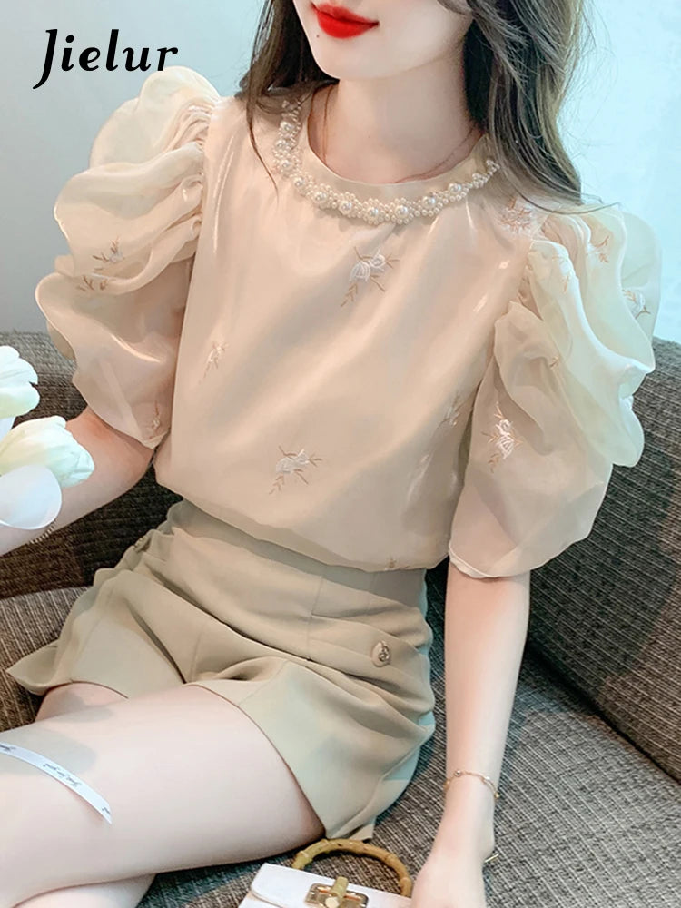 Pearl O-neck Apricot Embroidery Female Blouses Summer Puff Sleeve Elegant Women's Blouse French Style Chic Office Ladies