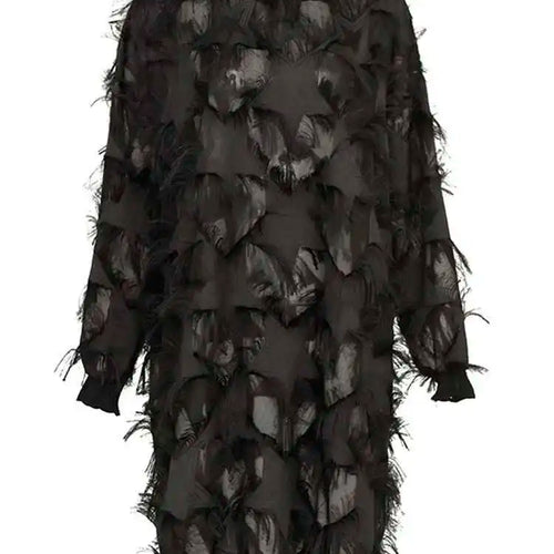 Load image into Gallery viewer, Spring Autumn Stand Collar Long Sleeve Perspective Black Loose Tassels Big Size Dress Women Fashion Tide JI780
