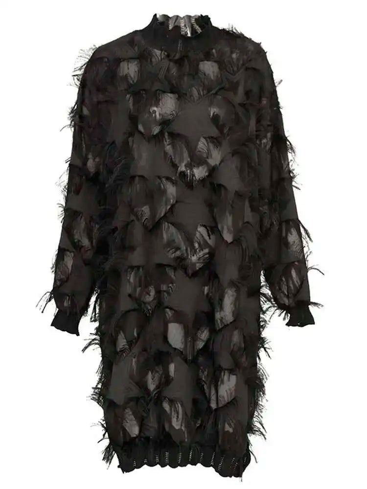 Spring Autumn Stand Collar Long Sleeve Perspective Black Loose Tassels Big Size Dress Women Fashion Tide JI780