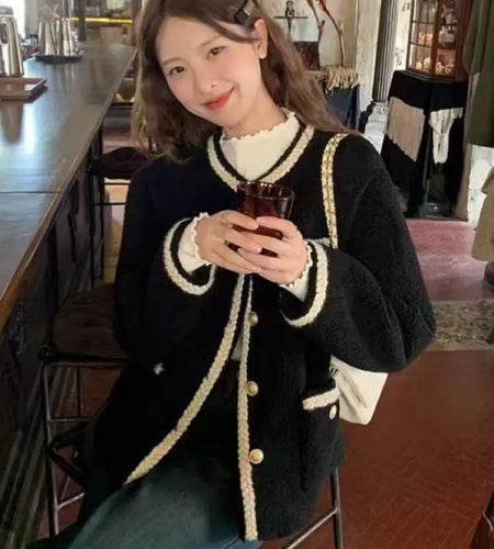 Autumn Winter Black Patchwork Temperament Long Sleeve Mink Sweater Women Fashion Single Breasted Short Knitting Tops New Popular