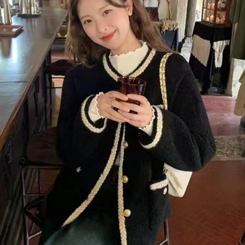 Load image into Gallery viewer, Autumn Winter Black Patchwork Temperament Long Sleeve Mink Sweater Women Fashion Single Breasted Short Knitting Tops New Popular
