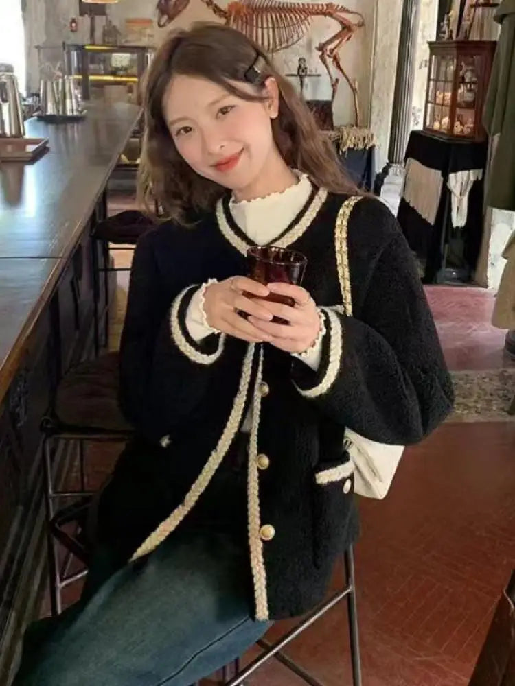 Autumn Winter Black Patchwork Temperament Long Sleeve Mink Sweater Women Fashion Single Breasted Short Knitting Tops New Popular