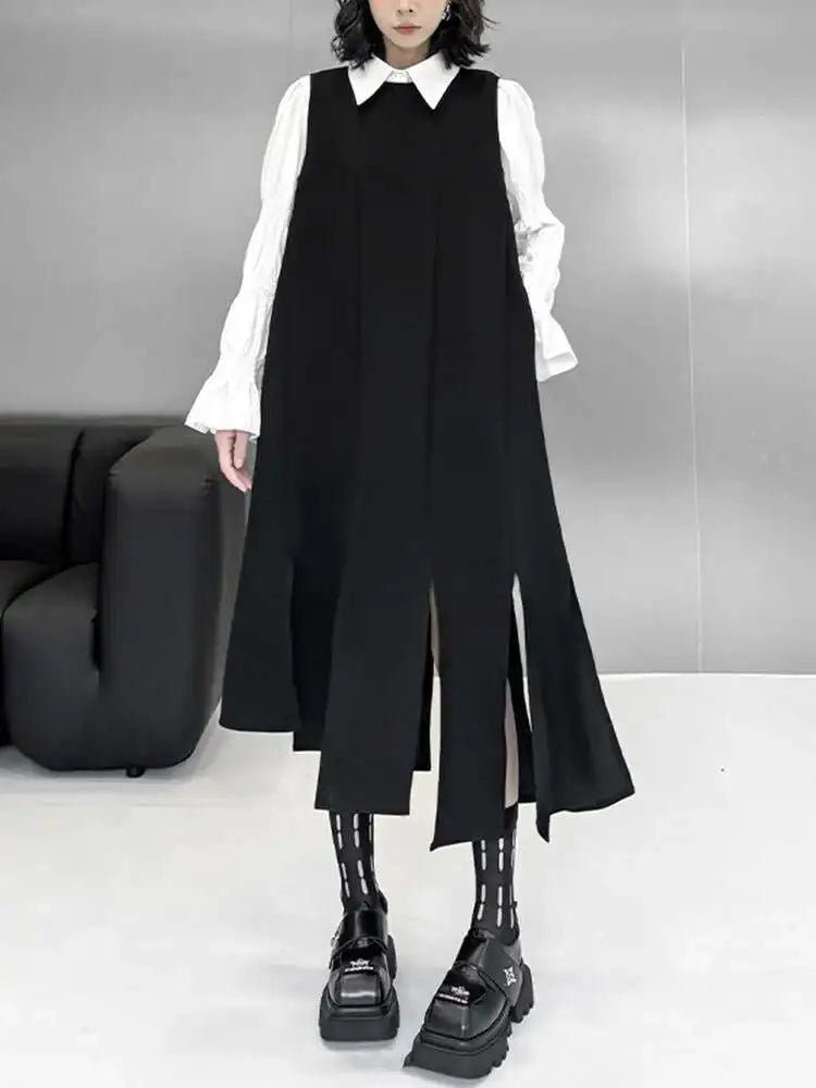 Women Black Irregular Ribbons Big Size Strap Dress New Round Neck Sleeveless Fashion Tide Spring Autumn 2025 1DH8059