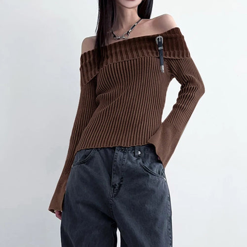 Load image into Gallery viewer, Vintage Fashion Brown Autumn Sweater Women Stripe Buckle Slim Knitting Off Shoulder Jumper Harajuku Pullover Clothing
