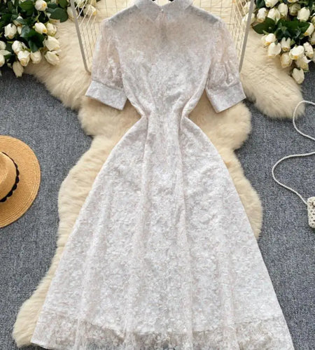 Summer French Retro White Lace Elegant Short Sleeve Long Dress For Women High Waist Slim Button Designer Party Princess Dresses