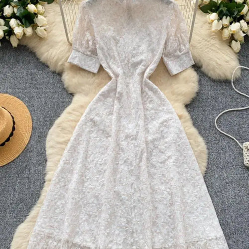 Load image into Gallery viewer, Summer French Retro White Lace Elegant Short Sleeve Long Dress For Women High Waist Slim Button Designer Party Princess Dresses
