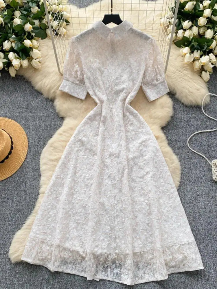 Summer French Retro White Lace Elegant Short Sleeve Long Dress For Women High Waist Slim Button Designer Party Princess Dresses