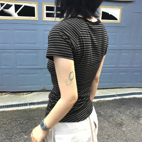 Load image into Gallery viewer, Korean Fashion Striped V-Neck With Buttons Slimming T-shirts Women&#39;s Summer Short Sleeve Top Tees Y2K Aesthetics New
