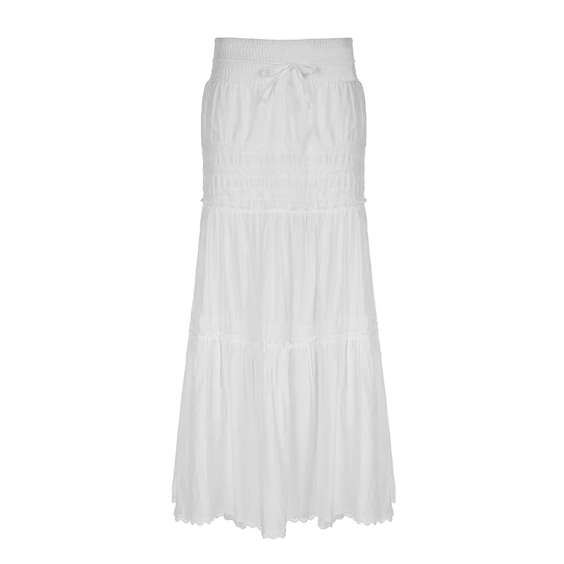 Chic Boho Vacation White Maxi Skirt Loose Low Waist Fashion Lace Trim Folds Female Skirt Long Tie Up Fairycore Bottom