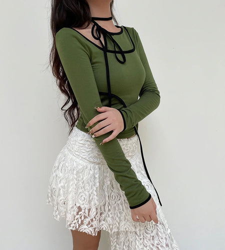 Asymmetrical Folds Spliced Female T-shirt Slim Long Sleeve Stitch Top Halter Neck Korean Casual Autumn Tee Shirt New