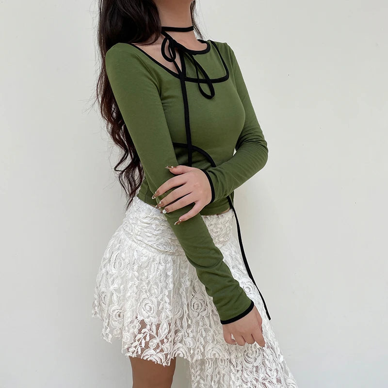 Asymmetrical Folds Spliced Female T-shirt Slim Long Sleeve Stitch Top Halter Neck Korean Casual Autumn Tee Shirt New