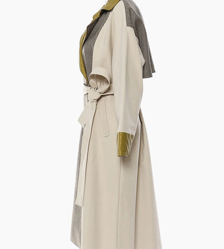 Women Champagne Leather Plaid Big Size Trench New Lapel Long Sleeve Windbreaker Fashion Tide Spring Autumn 2025 1DF0725