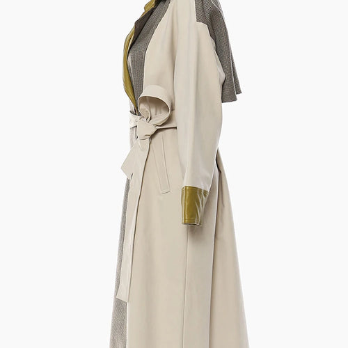 Load image into Gallery viewer, Women Champagne Leather Plaid Big Size Trench New Lapel Long Sleeve Windbreaker Fashion Tide Spring Autumn 2025 1DF0725
