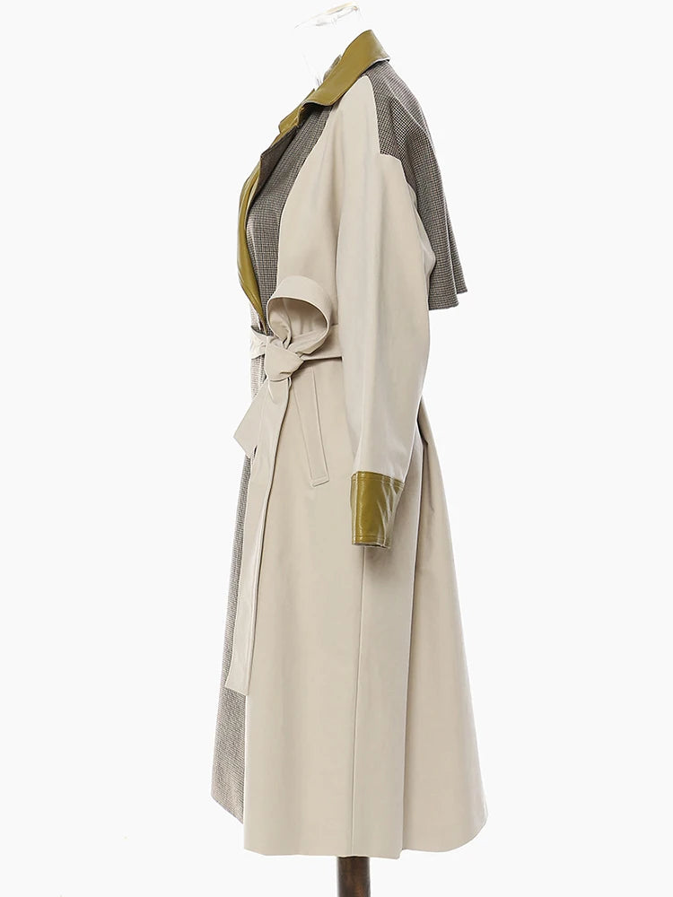 Women Champagne Leather Plaid Big Size Trench New Lapel Long Sleeve Windbreaker Fashion Tide Spring Autumn 2025 1DF0725