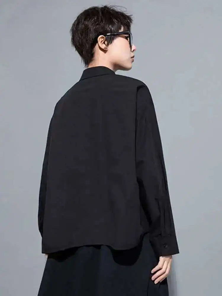 Women Black Color-block Big Size Blouse New Lapel Long Sleeve Loose Fit Shirt Fashion Tide Spring Autumn 2025 1DH0843