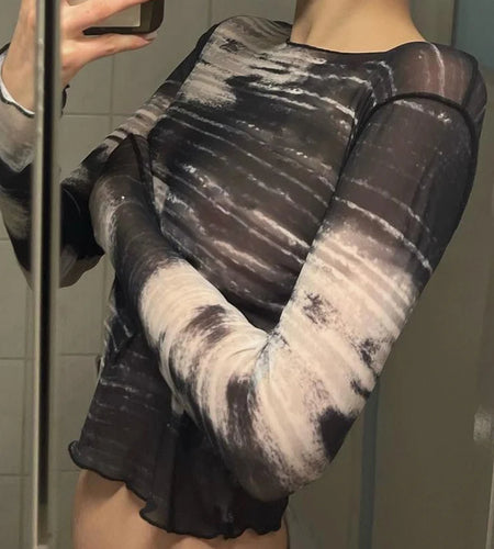 Harajuku Stitch Graphic Printing Mesh Top Streetwear Goth Women T shirts See Through Summer Cropped Tees Outfits Y2K