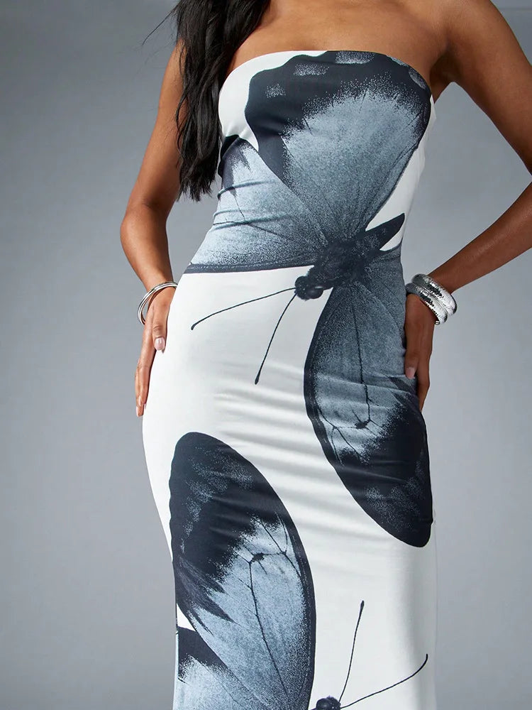 Off-shoulder Print Sexy Maxi Dress Women Summer New Strapless Sleeveless Backless High Waist Beach Holiday Long Dress