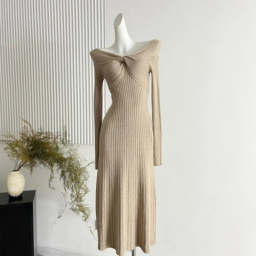 Load image into Gallery viewer, French Women's Autumn Winter White Elegant Slim Knitted Sweater Dress Khaki Red Long Sleeved Office Pleated Dress Fashion Simple
