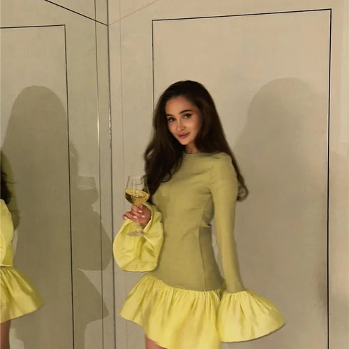 Load image into Gallery viewer, Long Flare Sleeve Knitted Sexy Mini Dress For Women Autumn Winter New Patchwork O Neck A-line Knit Puffy Dress Elegant
