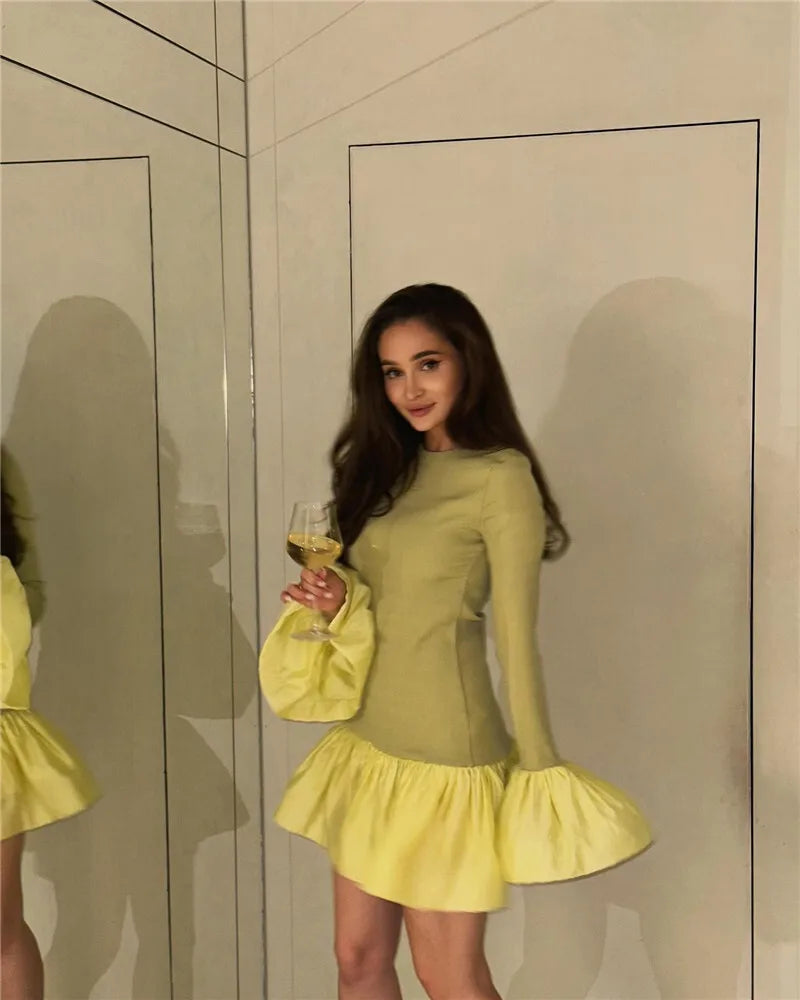 Long Flare Sleeve Knitted Sexy Mini Dress For Women Autumn Winter New Patchwork O Neck A-line Knit Puffy Dress Elegant