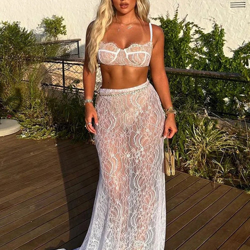 Load image into Gallery viewer, See Through Lace Two Piece Skirt Sets Women Crop Top And Maxi Skirt Sets Elegant Party Beach Sexy Two Piece Set
