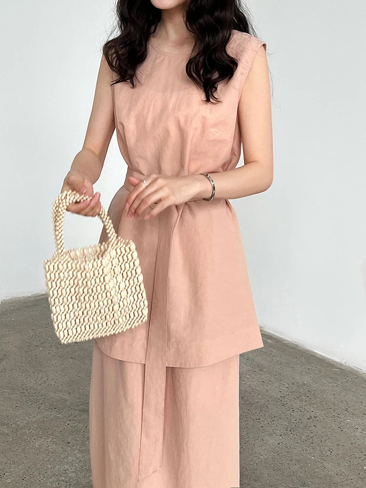 Green Belted Tank Top Half-body Skirt Two Pieces Suit New Round Neck Sleeveless Women Fashion Spring Autumn 2025 1DJ1111