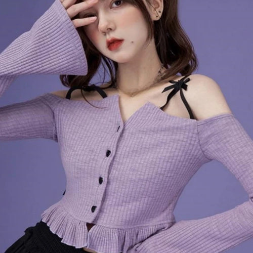 Load image into Gallery viewer, Slash Neck Y2k Aesthetic Embroidery Tshirts Purple Sweet Ruffled Women Slim Cropped Tees Vintage Harajuku Flare Sleeve T-shirt
