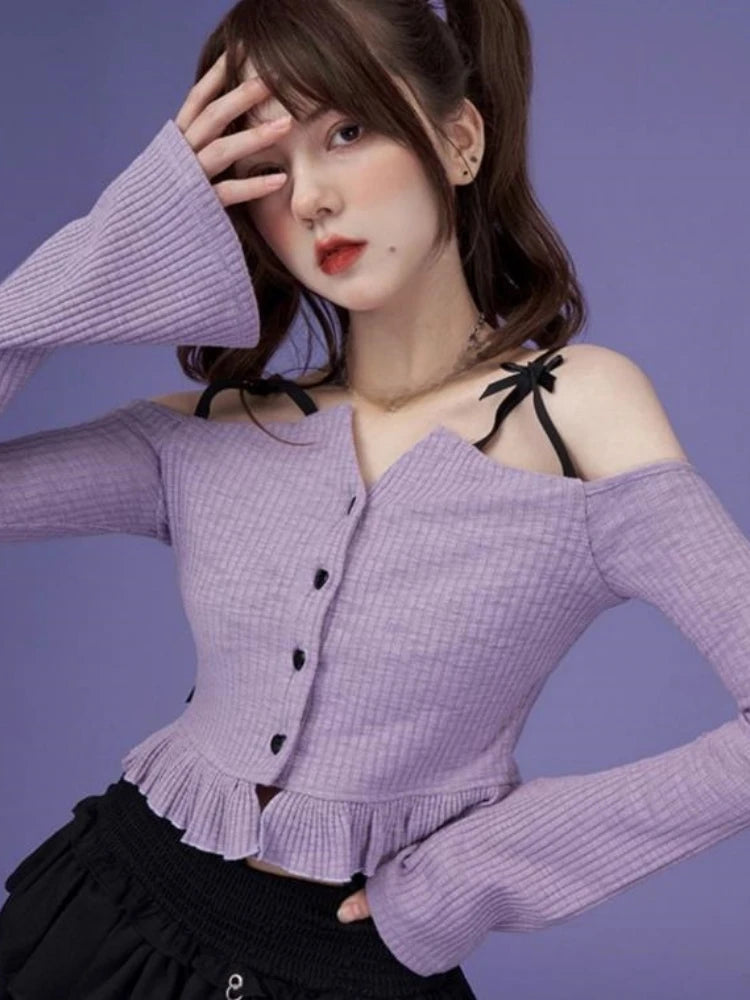 Slash Neck Y2k Aesthetic Embroidery Tshirts Purple Sweet Ruffled Women Slim Cropped Tees Vintage Harajuku Flare Sleeve T-shirt