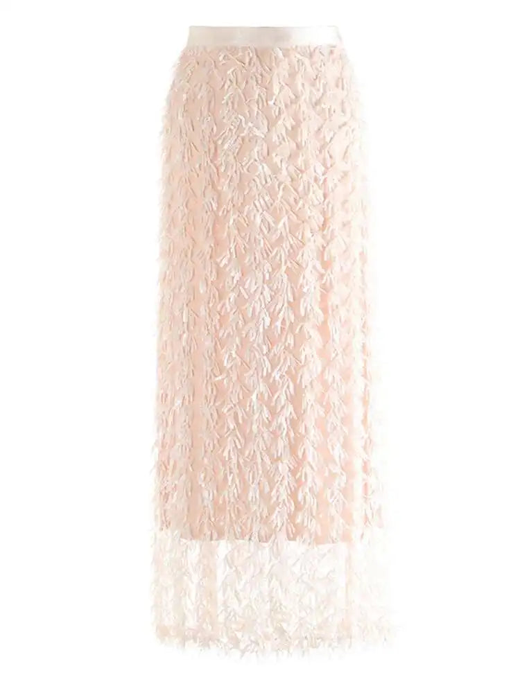 High Elastic Waist Brown Sequins Tassels Elegant Party Half-body Skirt Women Fashion Tide New Spring Autumn 2025 1DH9912