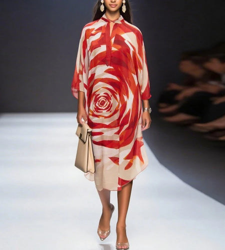 Fashion Flower Print Oversize Midi Elegant Dress Women 2025 Summer Autumn Womans Batwing Sleeve Loose Long Dresses