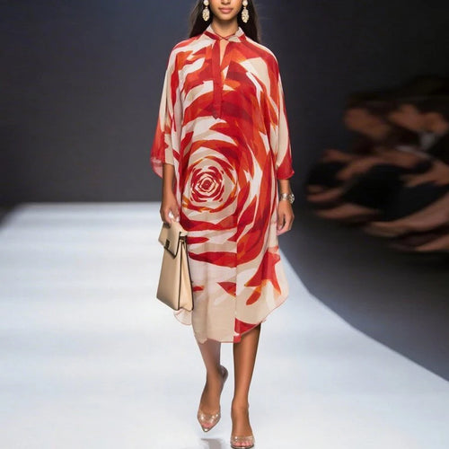 Load image into Gallery viewer, Fashion Flower Print Oversize Midi Elegant Dress Women 2025 Summer Autumn Womans Batwing Sleeve Loose Long Dresses
