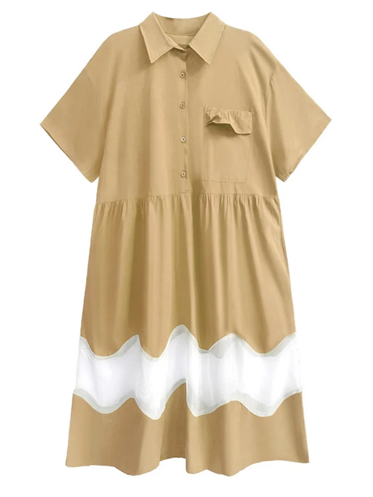 Women Blue Perspective Big Size Shirt Dress New Lapel Short Sleeve Loose Fit Fashion Tide Spring Summer 2025 1DF8791