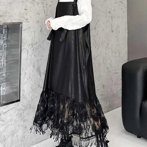 Load image into Gallery viewer, Women Black Pu Leather Hem Lace Big Size Strap Dress New Square Collar Sleeveless Fashion Tide Spring Autumn 2025 1DH7279
