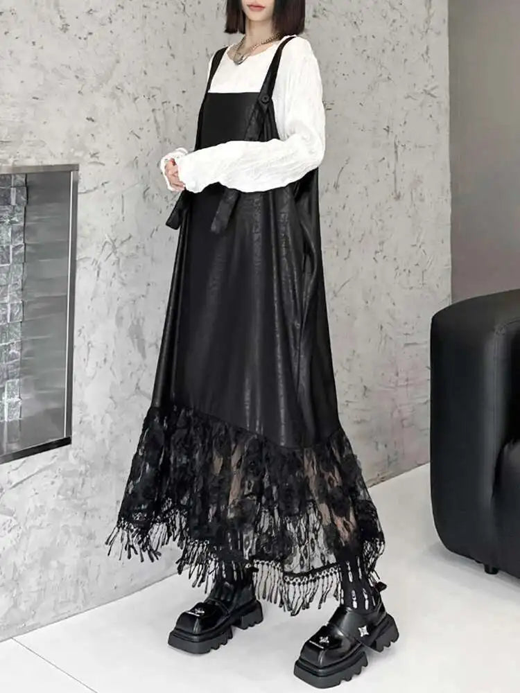 Women Black Pu Leather Hem Lace Big Size Strap Dress New Square Collar Sleeveless Fashion Tide Spring Autumn 2025 1DH7279