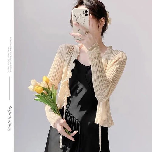 Load image into Gallery viewer, New Spring Summer Solid Long Sleeved Festival Elegant Slim Cardigan Knitted Tops Ladies Sun Protection Lace-up Ruffle Edge Coat
