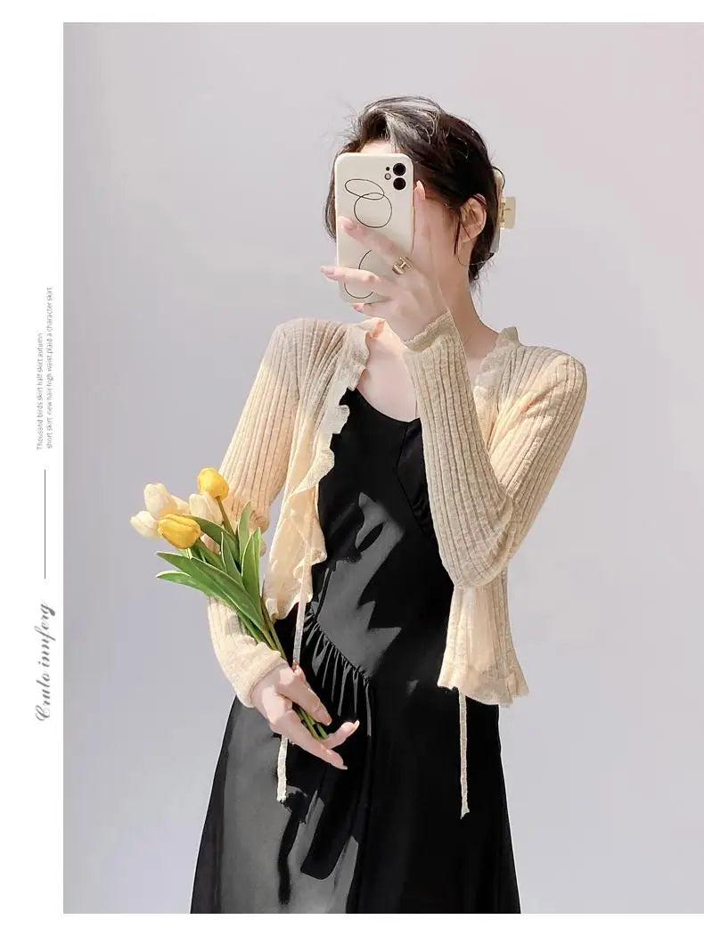 New Spring Summer Solid Long Sleeved Festival Elegant Slim Cardigan Knitted Tops Ladies Sun Protection Lace-up Ruffle Edge Coat